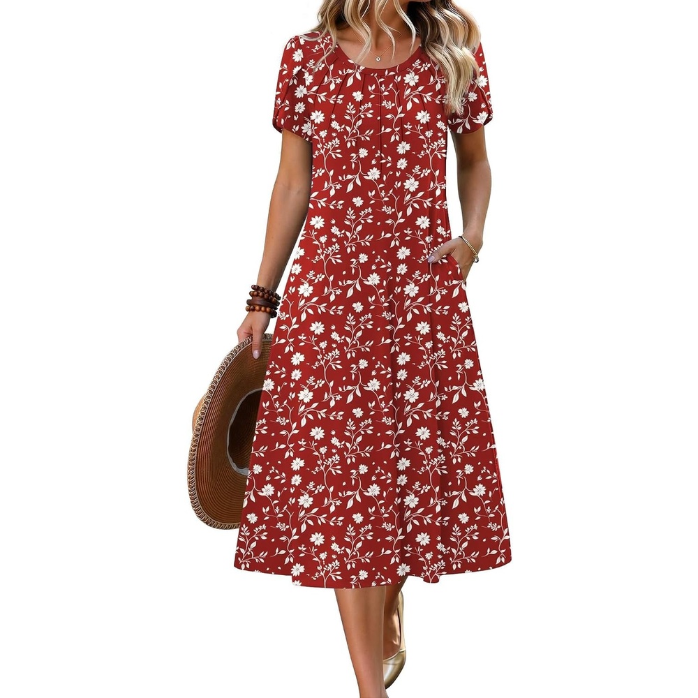 image:imageZeagoo Womens Casual Summer Dress 2026 Petal Short Sleeve Dresses with Pleats Midi A Line Flowy Dress Boho SundressRed Floral