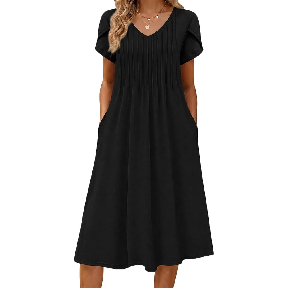 image:imageZeagoo Womens Casual Summer Dress 2026 Short Sleeve Dresses Pleats Midi A Line Flowy Dress Boho Beach Sundress with PocketsBlack