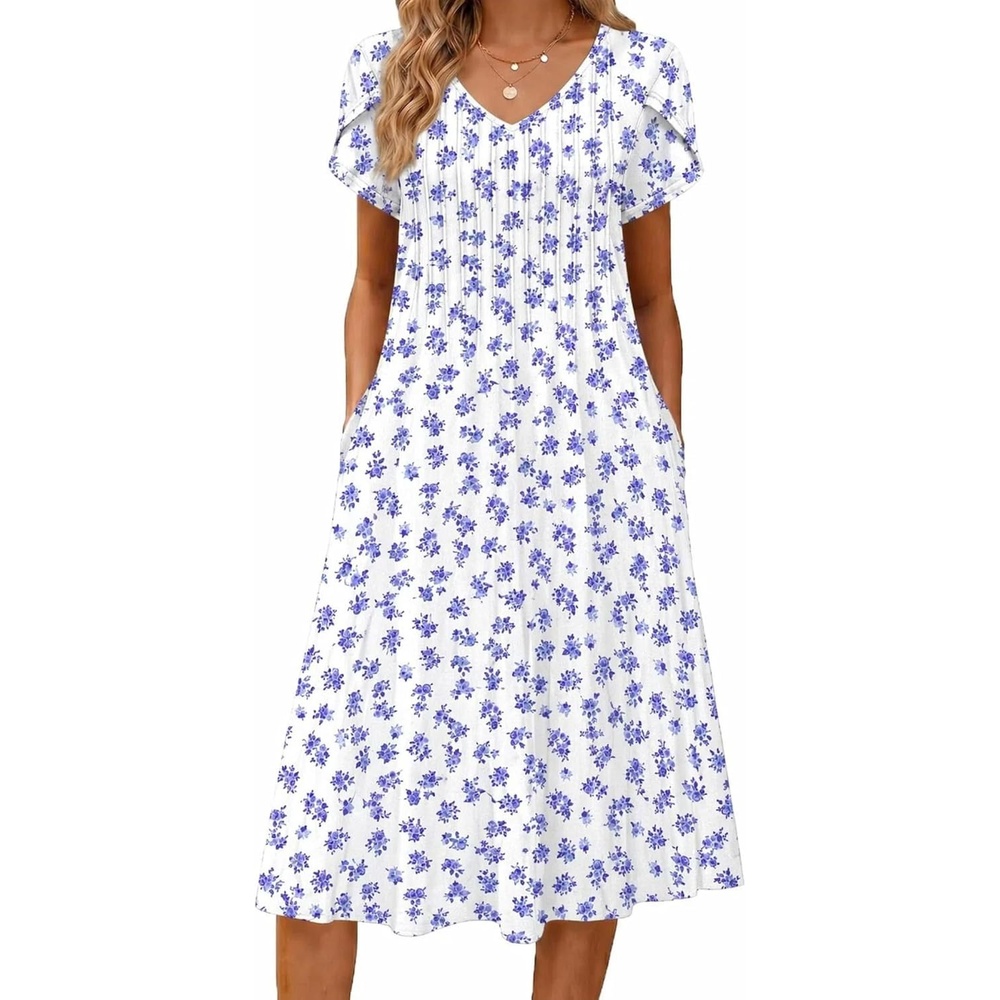 image:imageZeagoo Womens Casual Summer Dress 2026 Short Sleeve Dresses Pleats Midi A Line Flowy Dress Boho Beach Sundress with PocketsBlue Floral