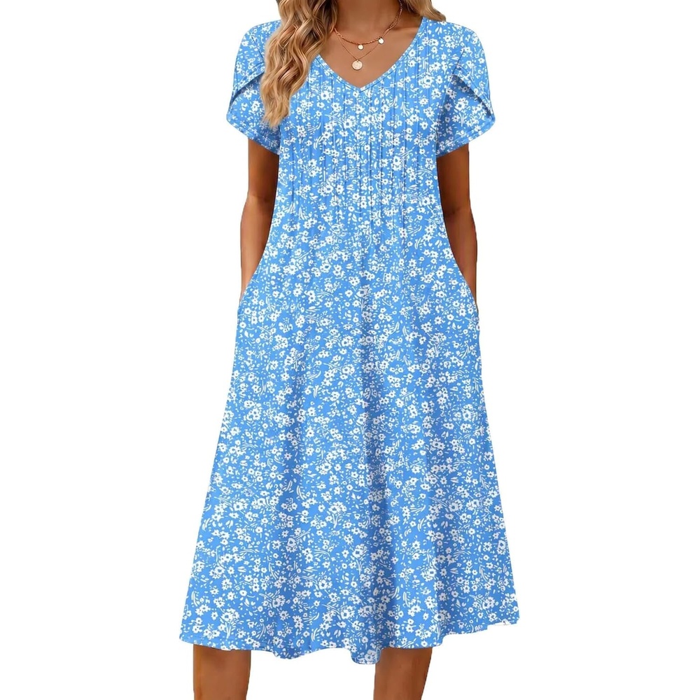 image:imageZeagoo Womens Casual Summer Dress 2026 Short Sleeve Dresses Pleats Midi A Line Flowy Dress Boho Beach Sundress with PocketsFlorallight Blue