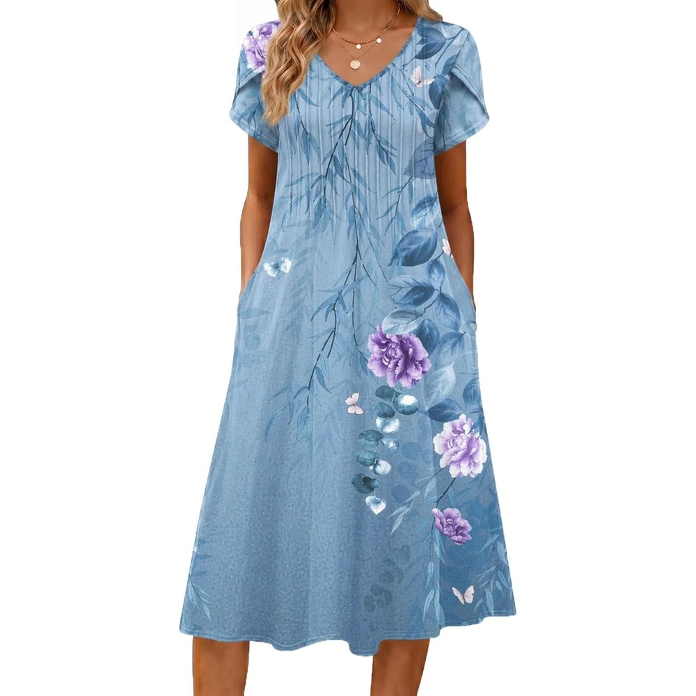 image:imageZeagoo Womens Casual Summer Dress 2026 Short Sleeve Dresses Pleats Midi A Line Flowy Dress Boho Beach Sundress with PocketsFlowersblue