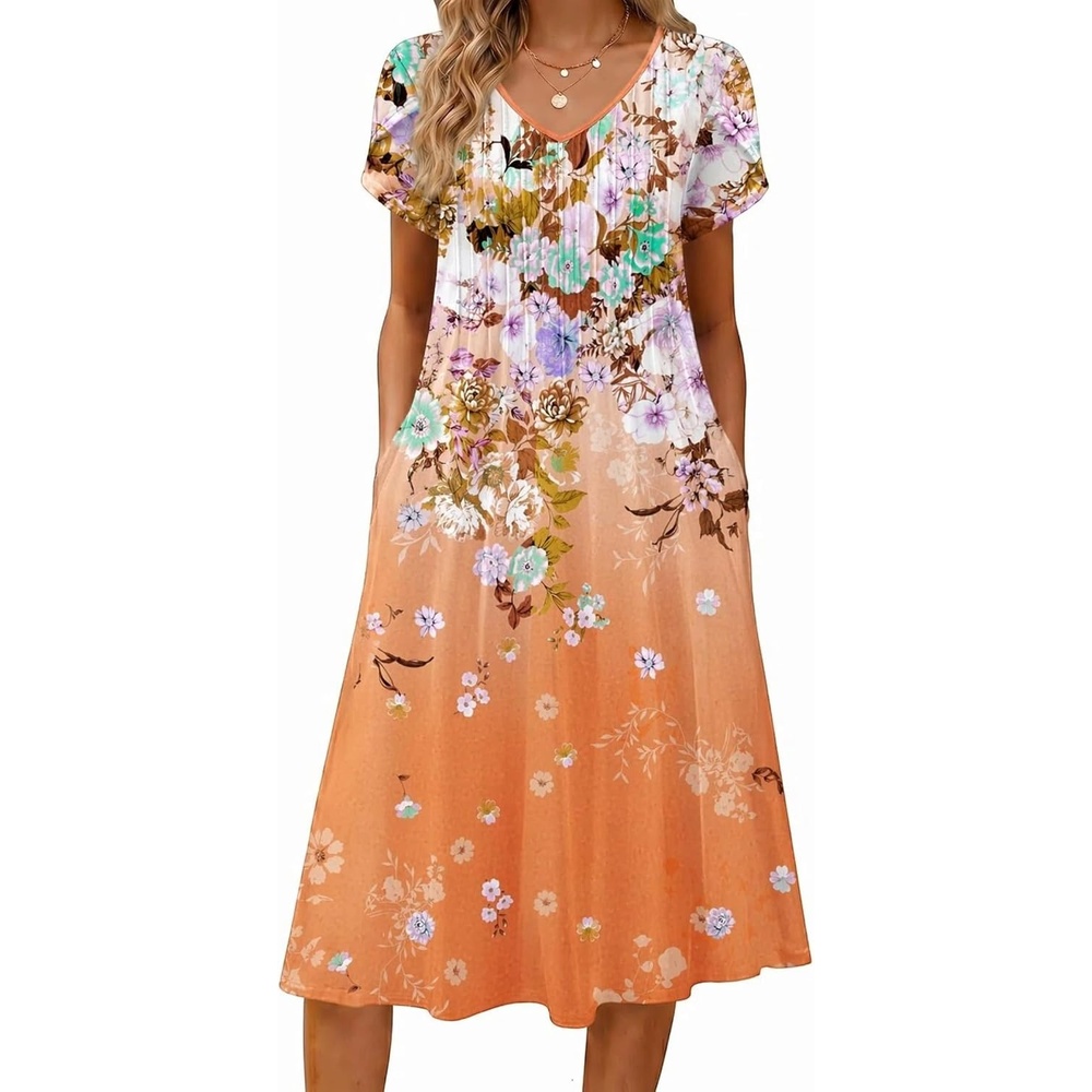 image:imageZeagoo Womens Casual Summer Dress 2026 Short Sleeve Dresses Pleats Midi A Line Flowy Dress Boho Beach Sundress with PocketsGradient Orange