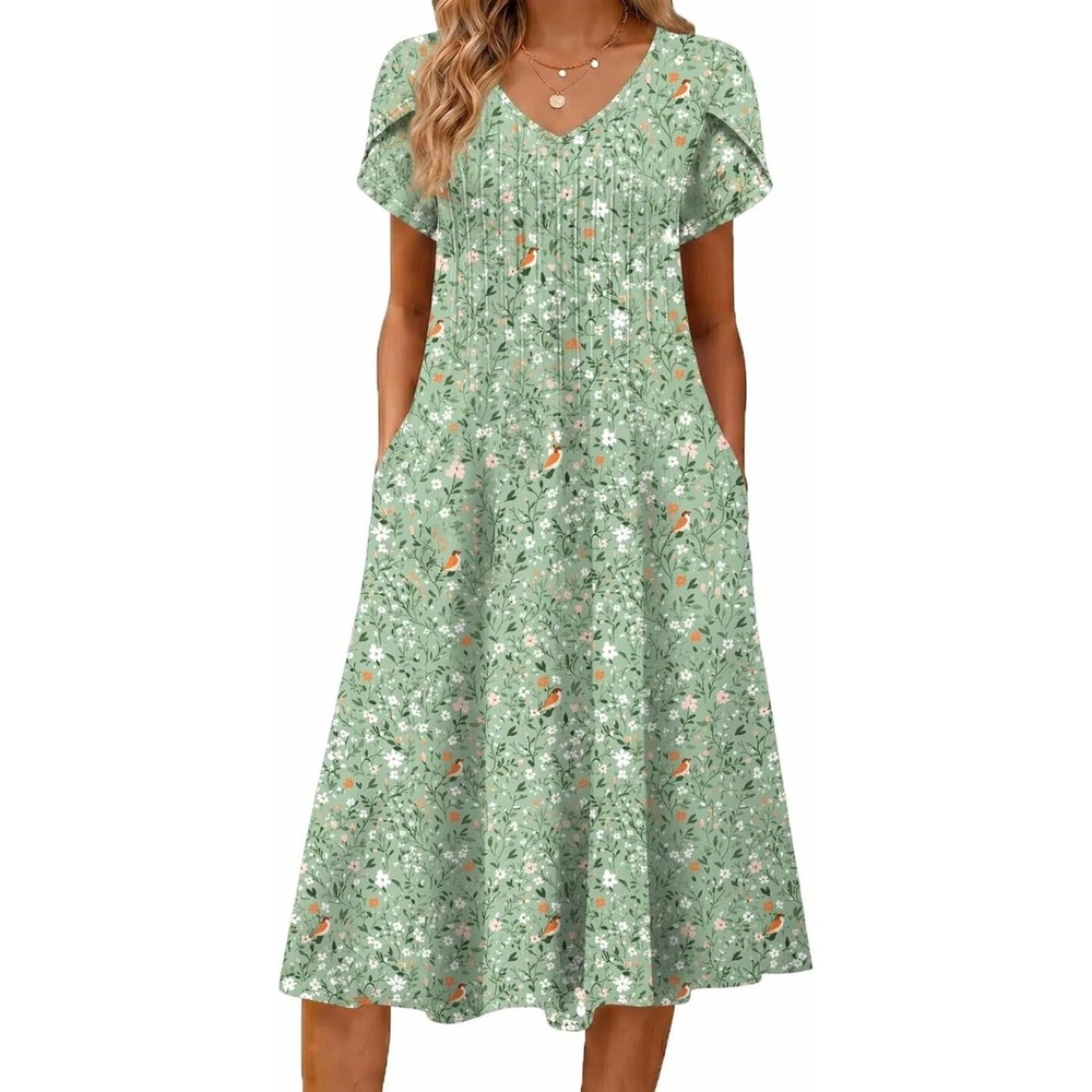 image:imageZeagoo Womens Casual Summer Dress 2026 Short Sleeve Dresses Pleats Midi A Line Flowy Dress Boho Beach Sundress with PocketsGreen Floral