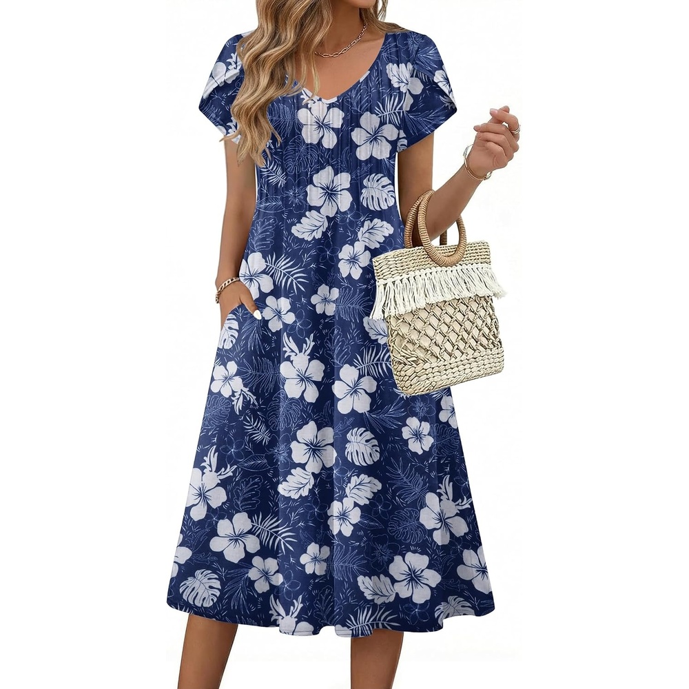 image:imageZeagoo Womens Casual Summer Dress 2026 Short Sleeve Dresses Pleats Midi A Line Flowy Dress Boho Beach Sundress with PocketsHawaii Floral