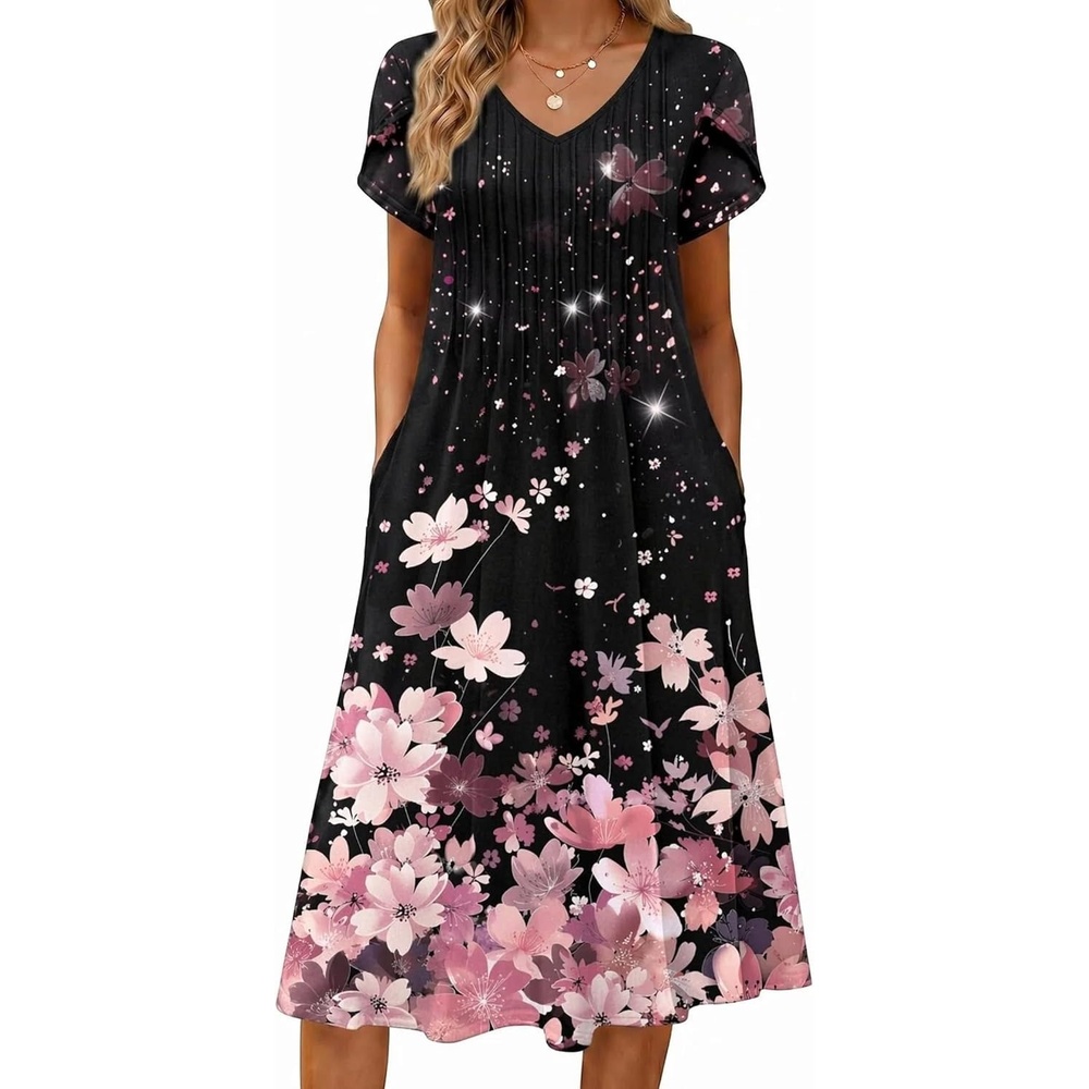 image:imageZeagoo Womens Casual Summer Dress 2026 Short Sleeve Dresses Pleats Midi A Line Flowy Dress Boho Beach Sundress with PocketsPink Black