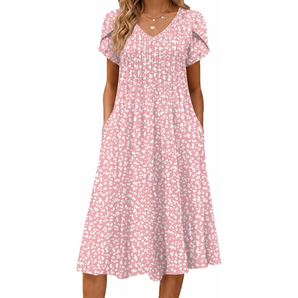image:imageZeagoo Womens Casual Summer Dress 2026 Short Sleeve Dresses Pleats Midi A Line Flowy Dress Boho Beach Sundress with PocketsPink White