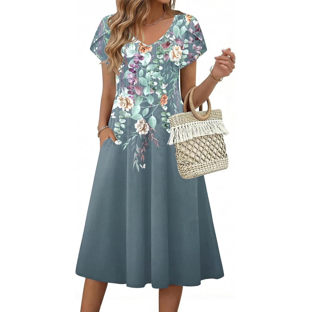 image:imageZeagoo Womens Casual Summer Dress 2026 Short Sleeve Dresses Pleats Midi A Line Flowy Dress Boho Beach Sundress with PocketsPlants Gray