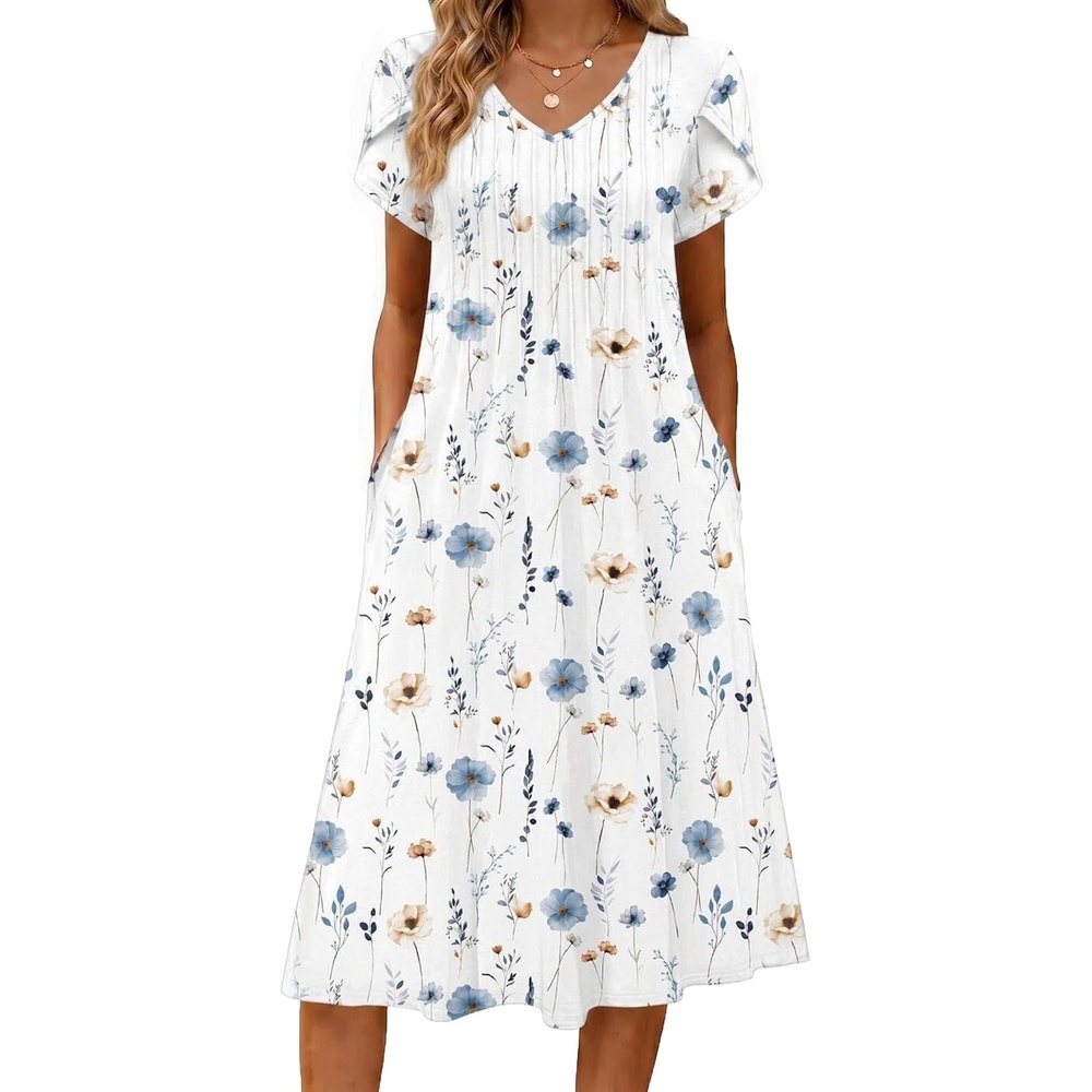 image:imageZeagoo Womens Casual Summer Dress 2026 Short Sleeve Dresses Pleats Midi A Line Flowy Dress Boho Beach Sundress with PocketsWhite Blue