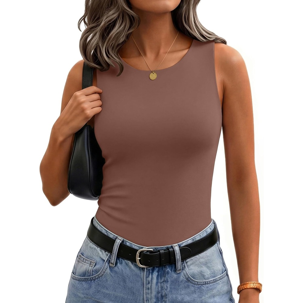 image:imageZeagoo Womens Double Lined Crew Neck Tank Tops Summer Sleeveless ClothesBrown