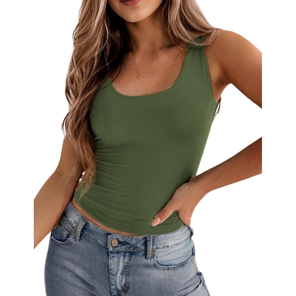 image:imageZeagoo Womens Double Lined Square Neck Tank Top Sleeveless Basic Crop TopsArmy Green