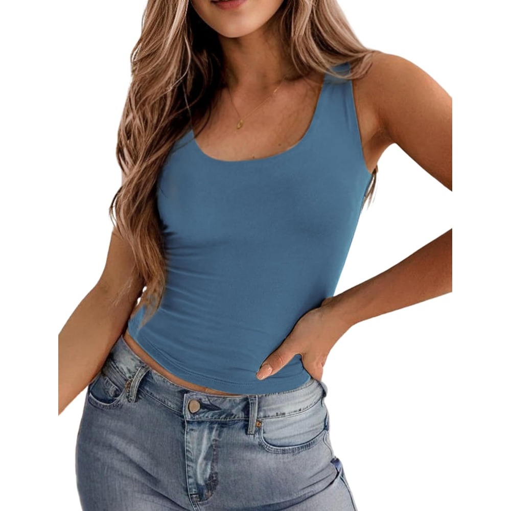 image:imageZeagoo Womens Double Lined Square Neck Tank Top Sleeveless Basic Crop TopsBlue