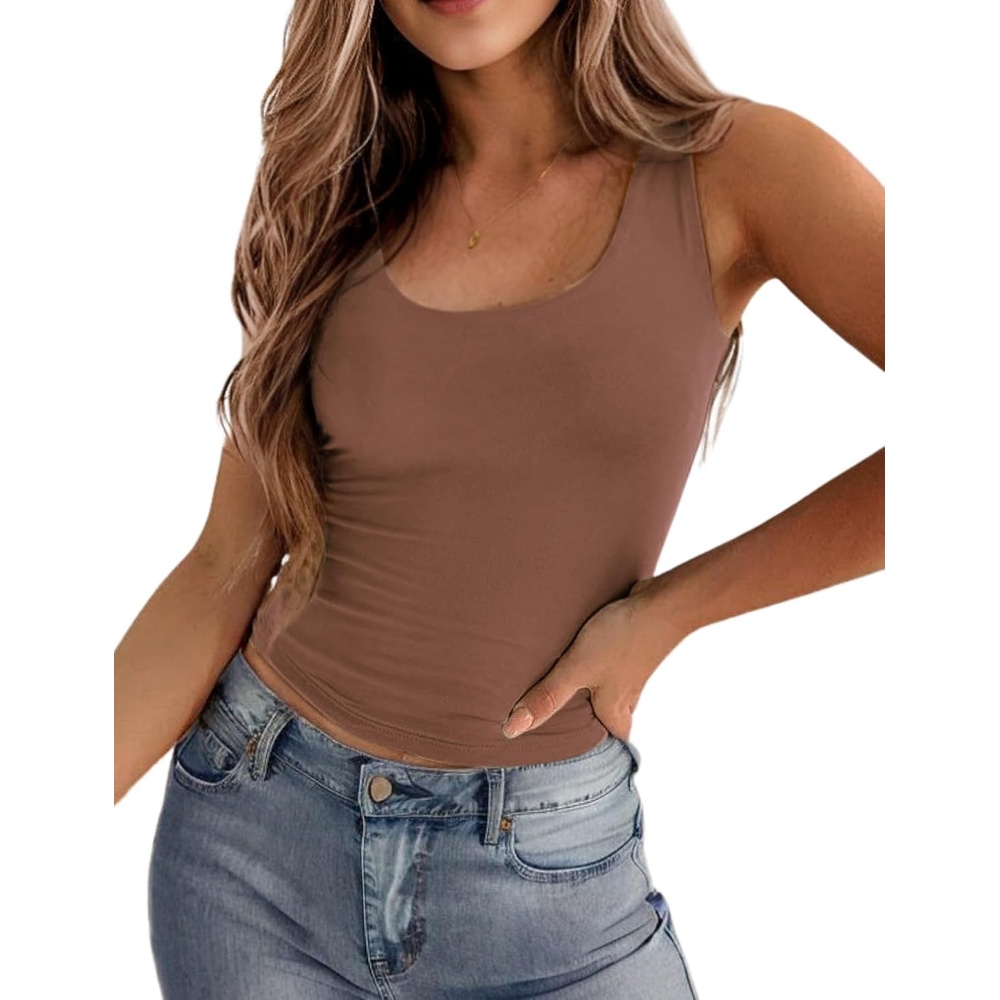 image:imageZeagoo Womens Double Lined Square Neck Tank Top Sleeveless Basic Crop TopsBrown