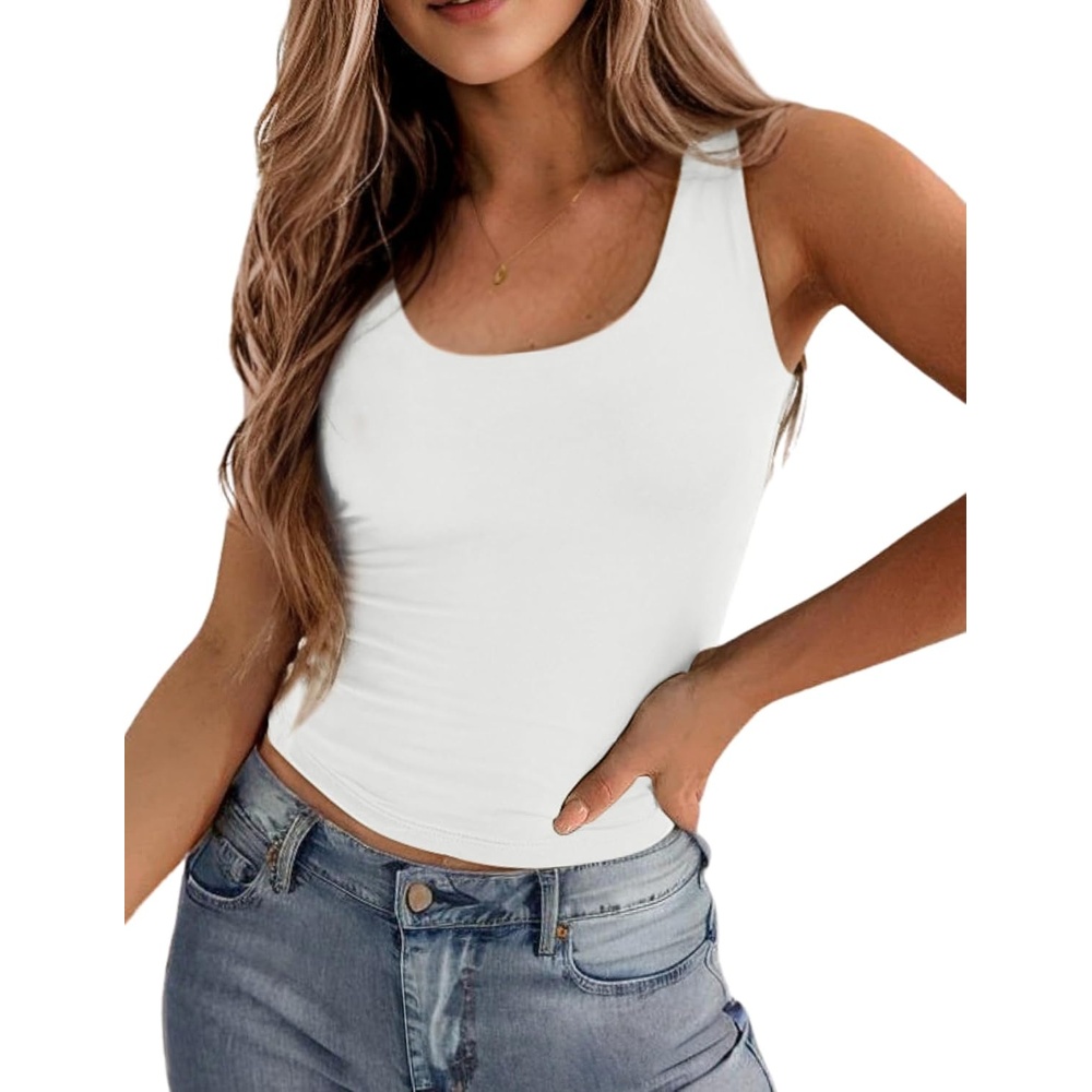 image:imageZeagoo Womens Double Lined Square Neck Tank Top Sleeveless Basic Crop TopsBwhite