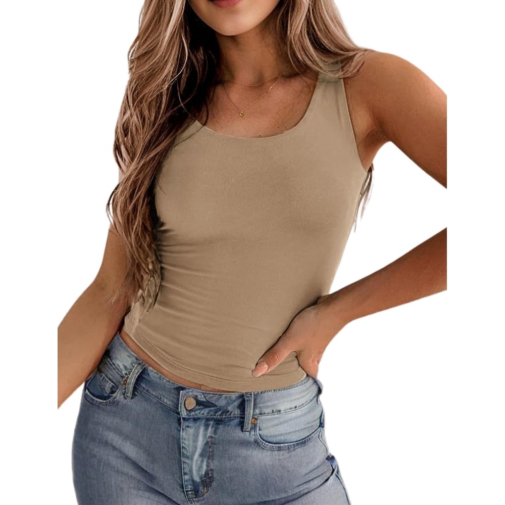 image:imageZeagoo Womens Double Lined Square Neck Tank Top Sleeveless Basic Crop TopsKhaki