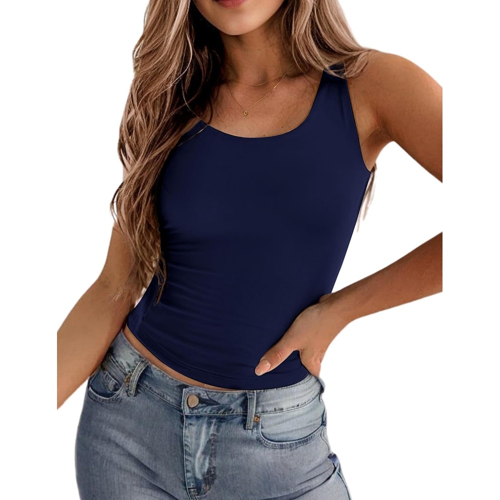 image:imageZeagoo Womens Double Lined Square Neck Tank Top Sleeveless Basic Crop TopsNavy Blue