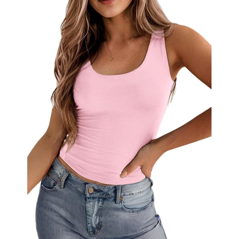 image:imageZeagoo Womens Double Lined Square Neck Tank Top Sleeveless Basic Crop TopsPink