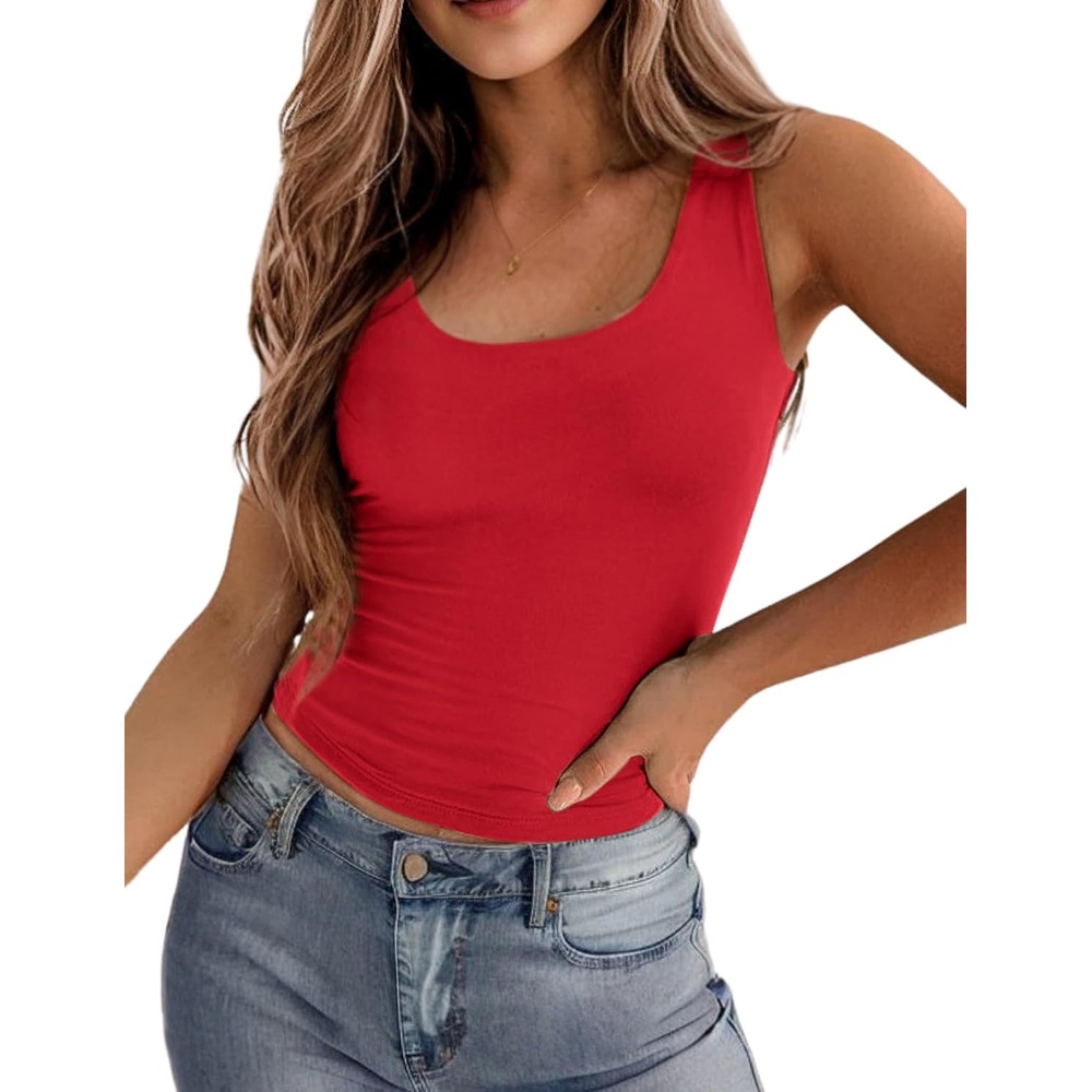 image:imageZeagoo Womens Double Lined Square Neck Tank Top Sleeveless Basic Crop TopsRed