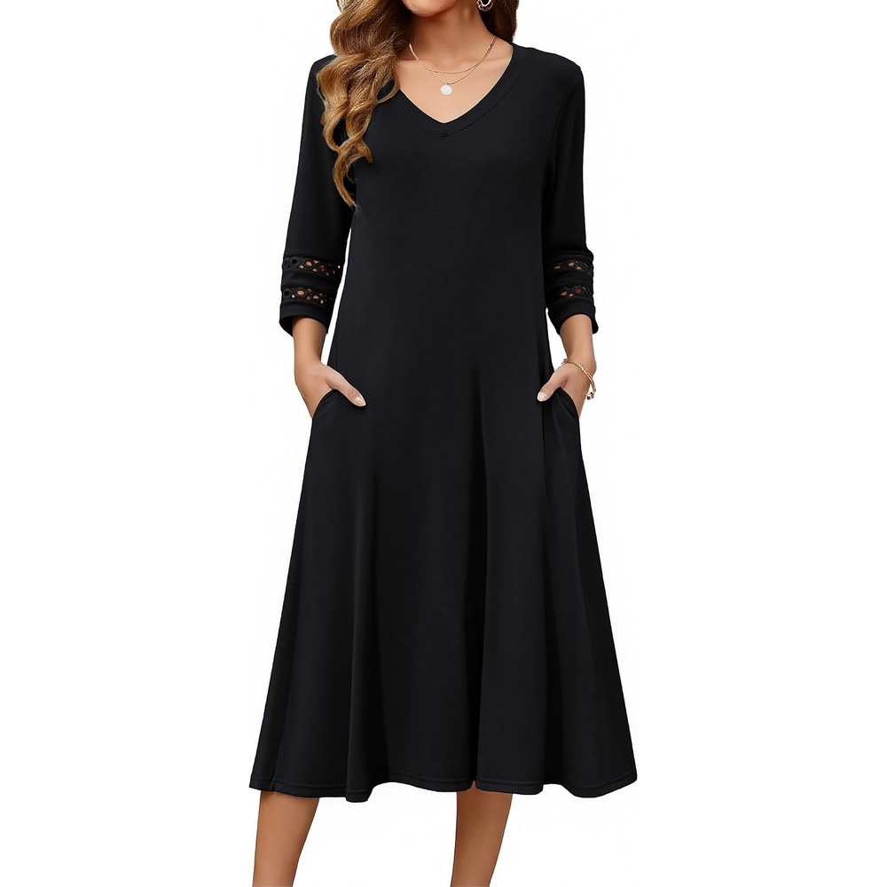 image:imageZeagoo Womens Dresses 34 Sleeve Casual VNeck A Line Eyelet Midi Dress01black