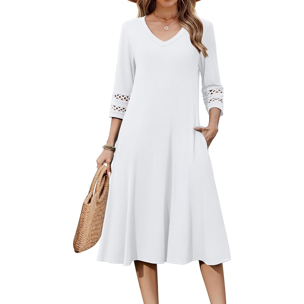 image:imageZeagoo Womens Dresses 34 Sleeve Casual VNeck A Line Eyelet Midi Dress03white