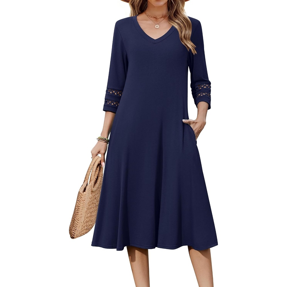 image:imageZeagoo Womens Dresses 34 Sleeve Casual VNeck A Line Eyelet Midi DressBlue1