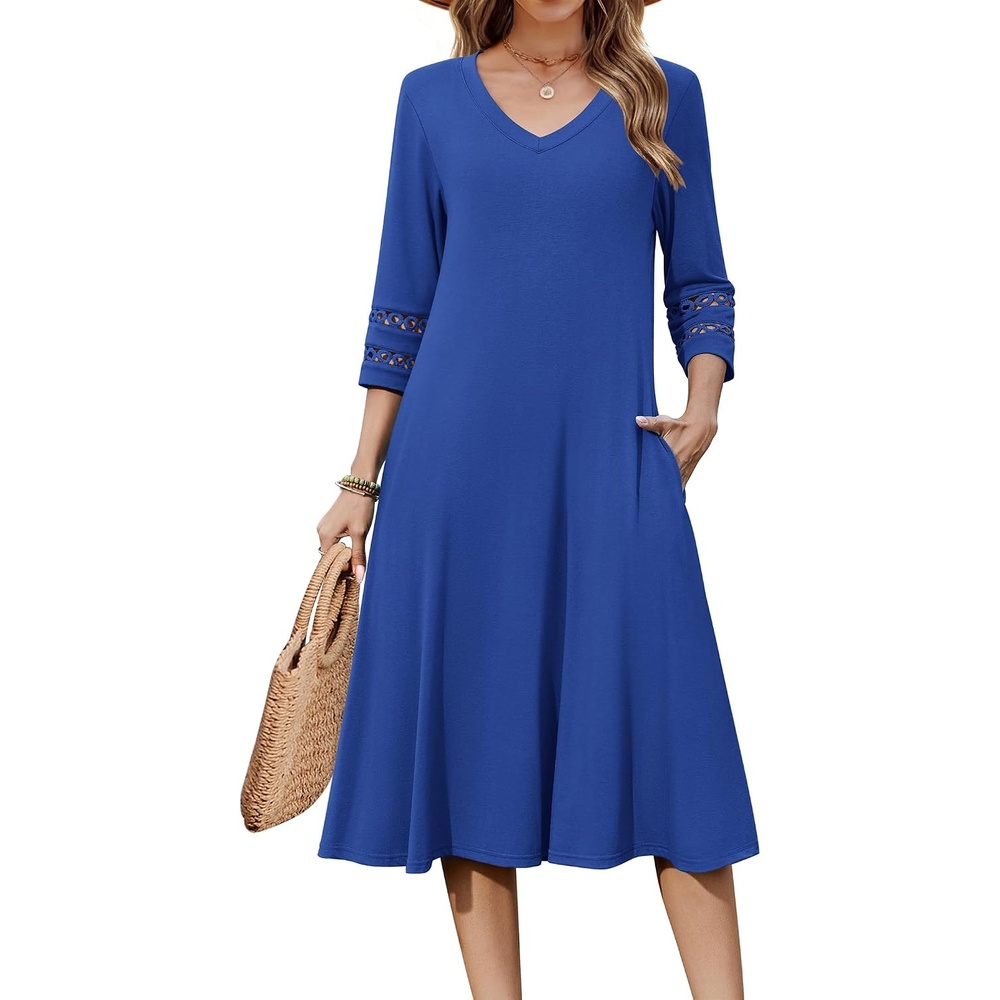 image:imageZeagoo Womens Dresses 34 Sleeve Casual VNeck A Line Eyelet Midi DressBlue2