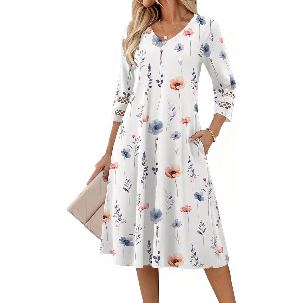 image:imageZeagoo Womens Dresses 34 Sleeve Casual VNeck A Line Eyelet Midi DressDh950