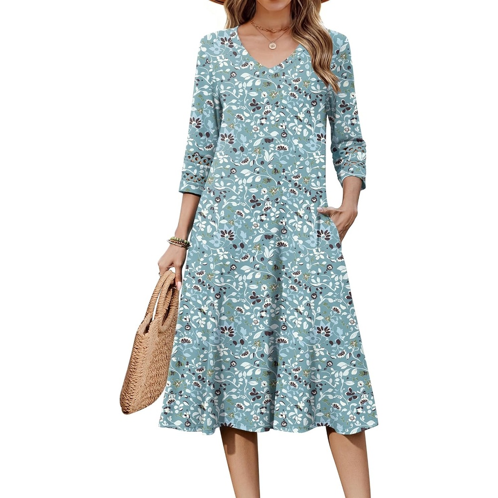 image:imageZeagoo Womens Dresses 34 Sleeve Casual VNeck A Line Eyelet Midi DressGreen Floral
