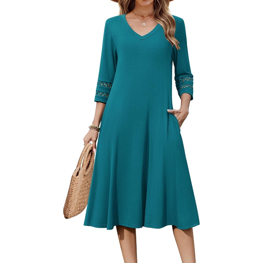 image:imageZeagoo Womens Dresses 34 Sleeve Casual VNeck A Line Eyelet Midi DressJade Green