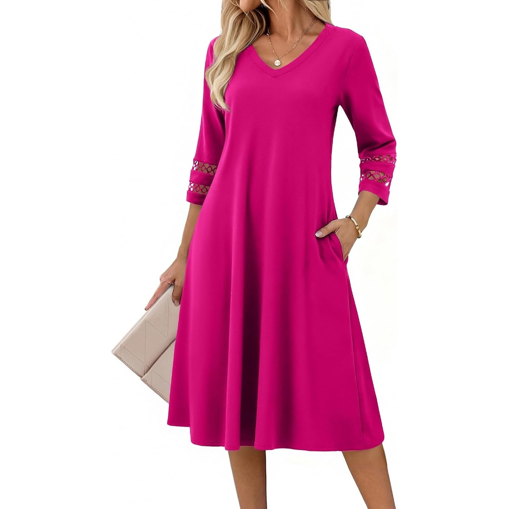 image:imageZeagoo Womens Dresses 34 Sleeve Casual VNeck A Line Eyelet Midi DressRose Red