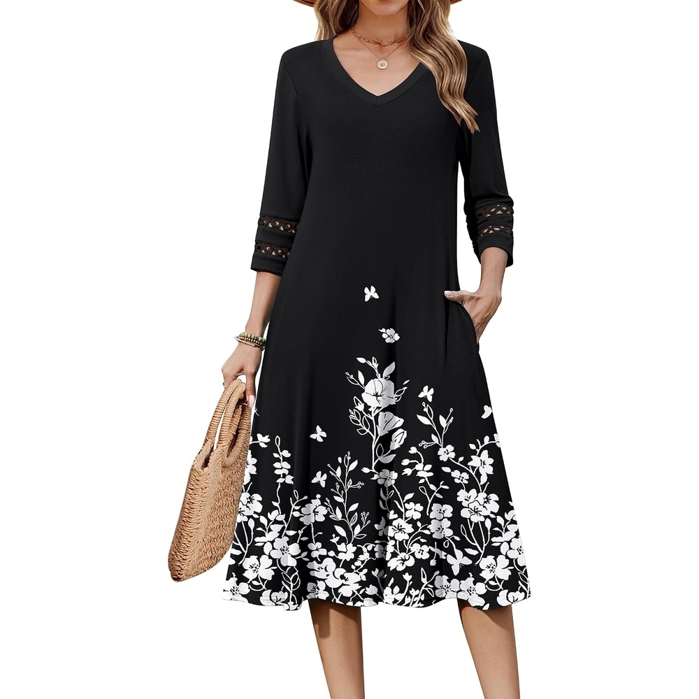 image:imageZeagoo Womens Dresses 34 Sleeve Casual VNeck A Line Eyelet Midi DressSf100