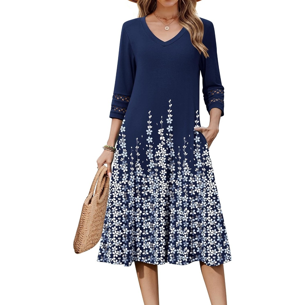 image:imageZeagoo Womens Dresses 34 Sleeve Casual VNeck A Line Eyelet Midi DressSf119