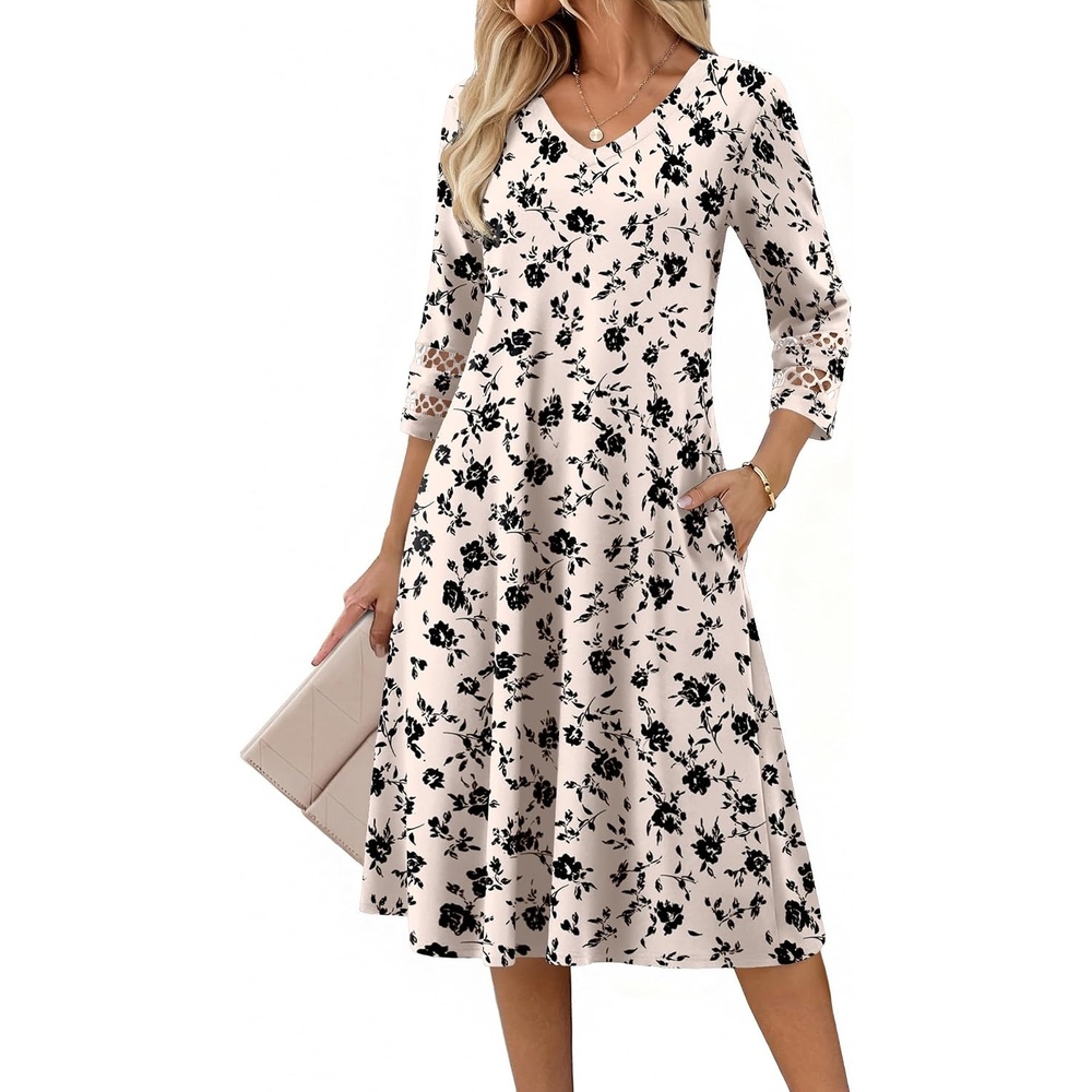 image:imageZeagoo Womens Dresses 34 Sleeve Casual VNeck A Line Eyelet Midi DressSf239