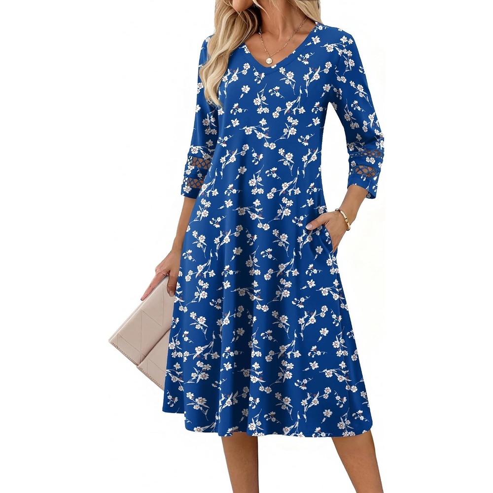 image:imageZeagoo Womens Dresses 34 Sleeve Casual VNeck A Line Eyelet Midi DressSp108