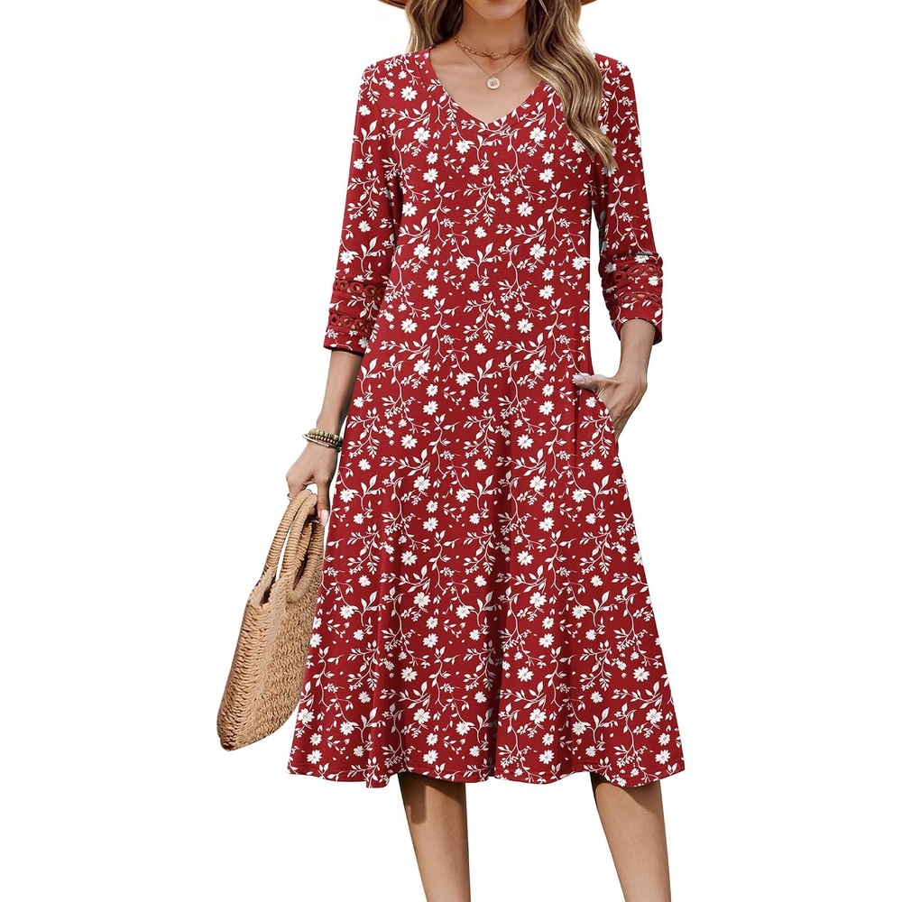 image:imageZeagoo Womens Dresses 34 Sleeve Casual VNeck A Line Eyelet Midi DressXh268