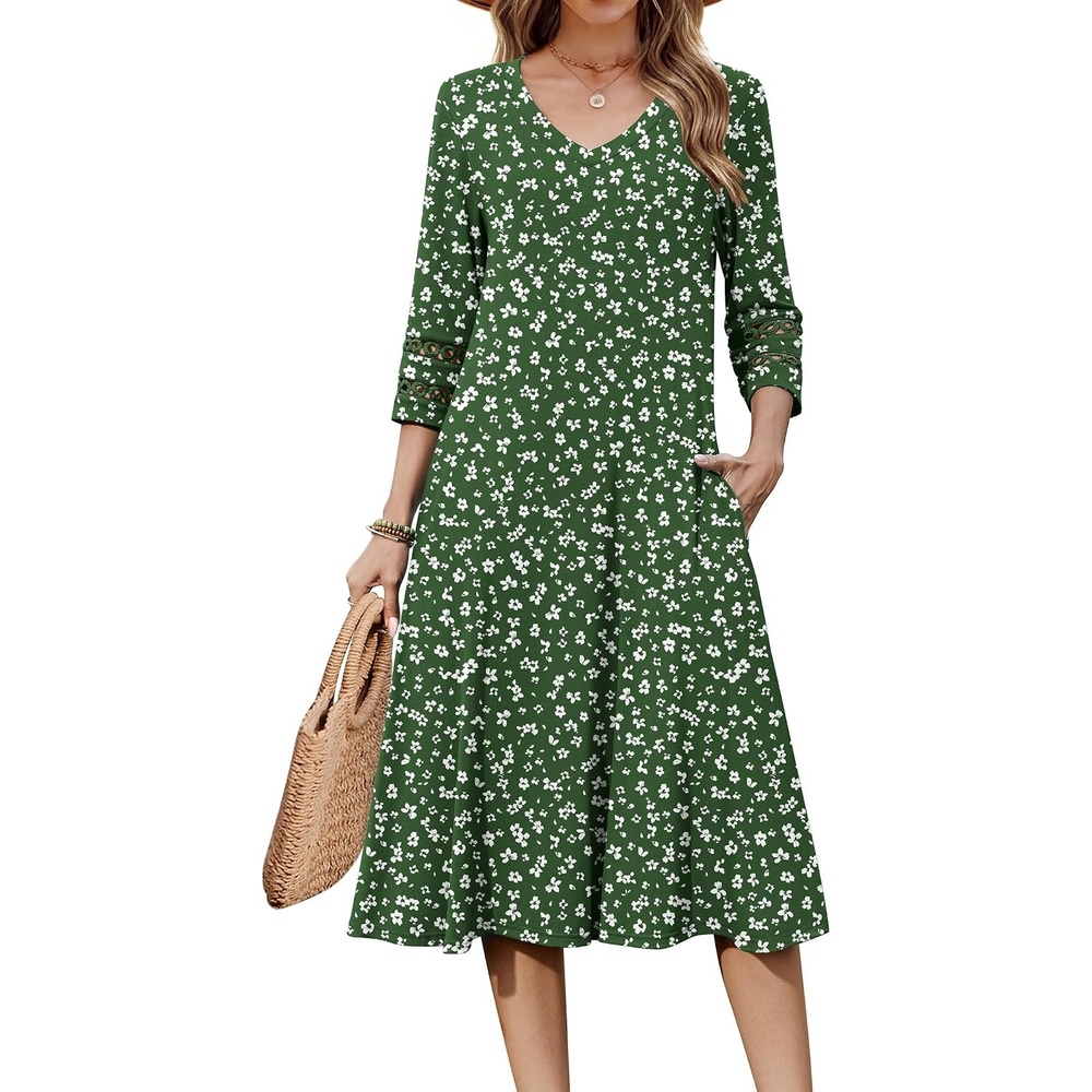 image:imageZeagoo Womens Dresses 34 Sleeve Casual VNeck A Line Eyelet Midi DressXh527