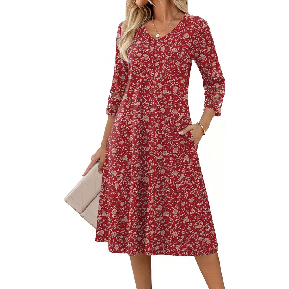 image:imageZeagoo Womens Dresses 34 Sleeve Casual VNeck A Line Eyelet Midi DressXh546
