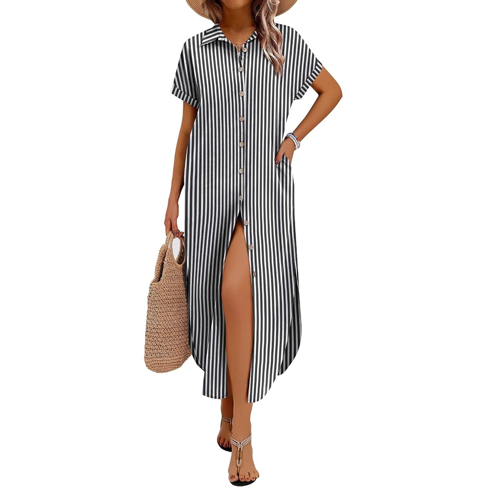 image:imageZeagoo Womens Dresses Casual Summer Short Sleeve Button Down Long Shirt Dresses Swimsuit Beach Cover Ups with Pockets01ablack Stripe