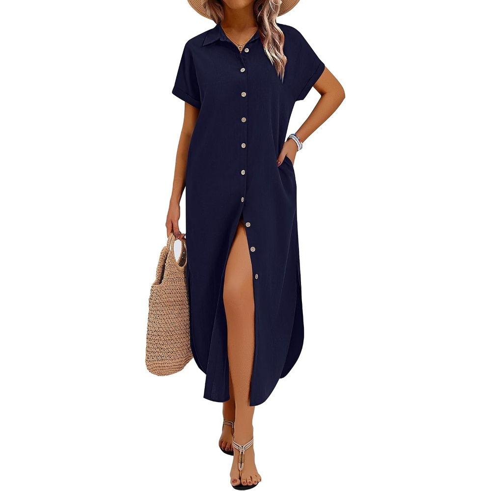 image:imageZeagoo Womens Dresses Casual Summer Short Sleeve Button Down Long Shirt Dresses Swimsuit Beach Cover Ups with Pockets01navy Blue