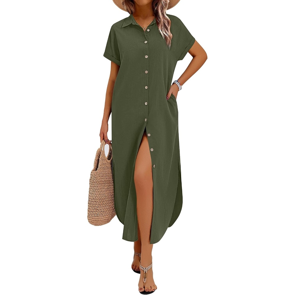 image:imageZeagoo Womens Dresses Casual Summer Short Sleeve Button Down Long Shirt Dresses Swimsuit Beach Cover Ups with PocketsArmy Green