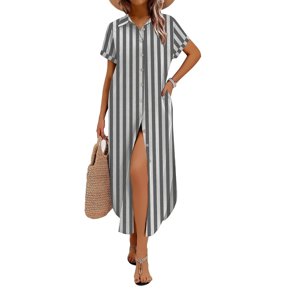 image:imageZeagoo Womens Dresses Casual Summer Short Sleeve Button Down Long Shirt Dresses Swimsuit Beach Cover Ups with PocketsBlack Wide Stripes