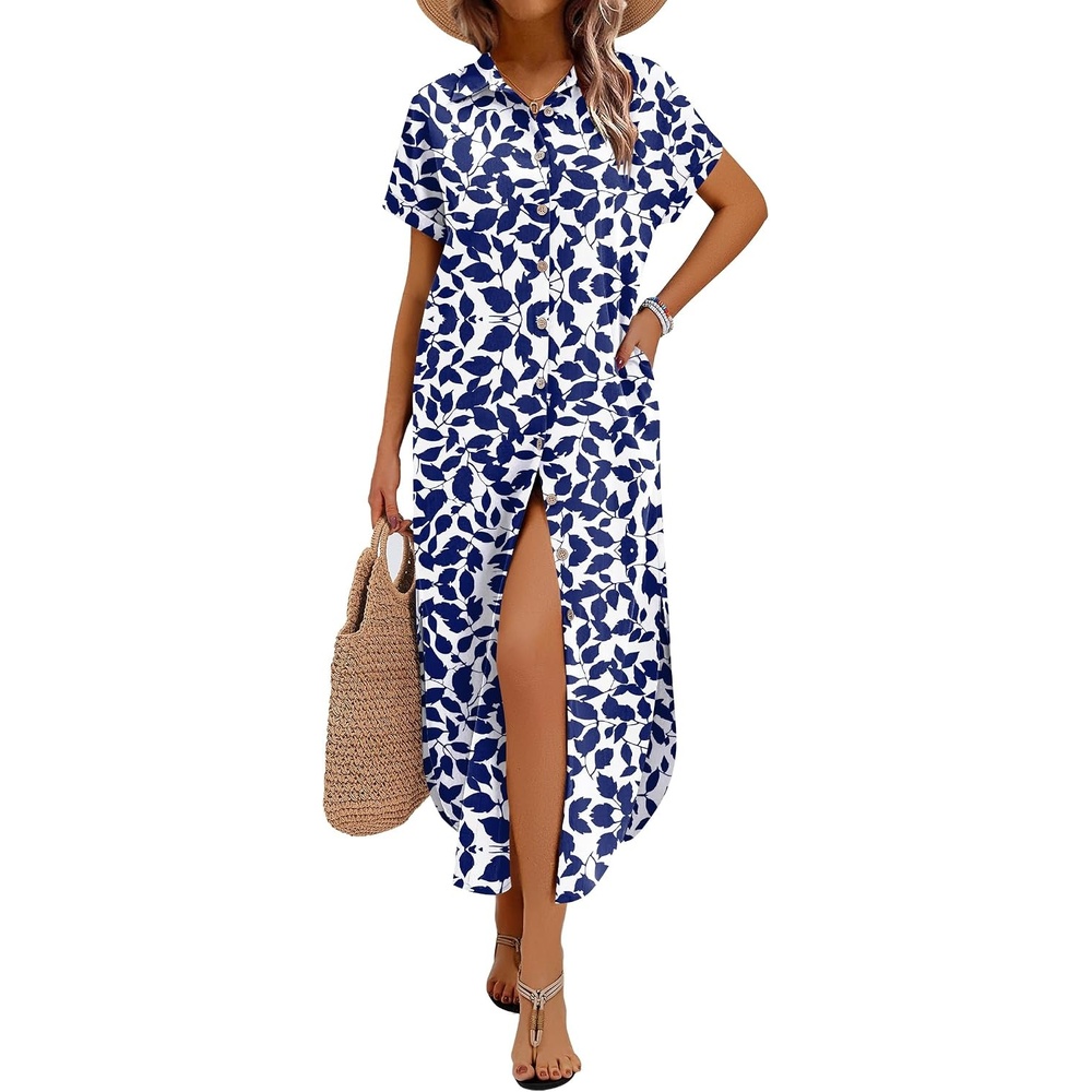 image:imageZeagoo Womens Dresses Casual Summer Short Sleeve Button Down Long Shirt Dresses Swimsuit Beach Cover Ups with PocketsBlue Floral