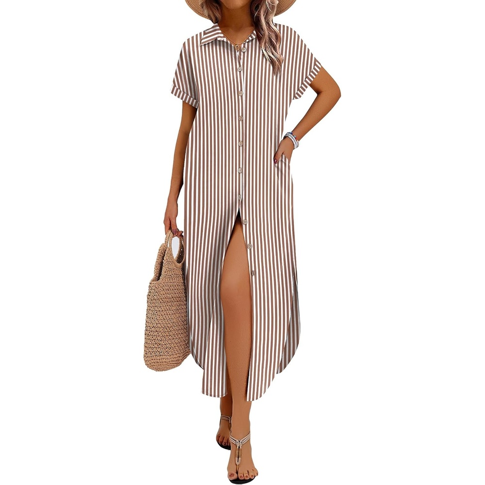 image:imageZeagoo Womens Dresses Casual Summer Short Sleeve Button Down Long Shirt Dresses Swimsuit Beach Cover Ups with PocketsBrown Stripe