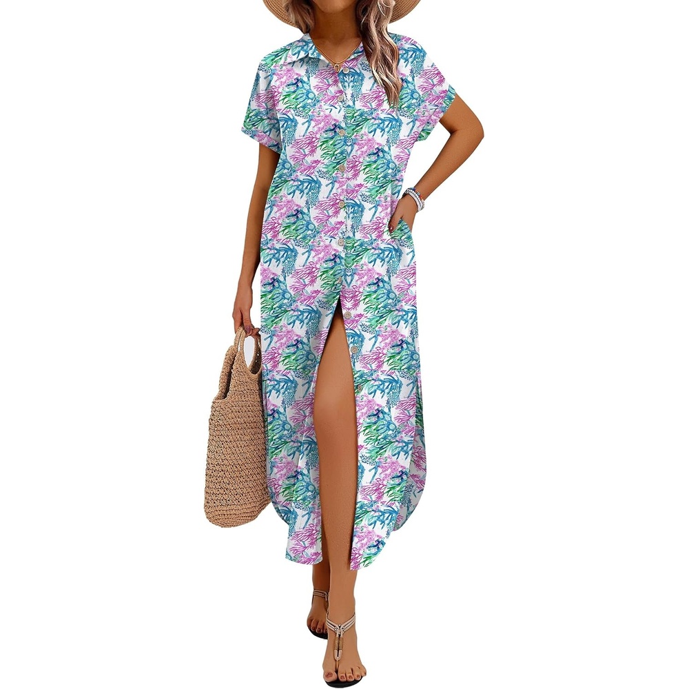 image:imageZeagoo Womens Dresses Casual Summer Short Sleeve Button Down Long Shirt Dresses Swimsuit Beach Cover Ups with PocketsCoral Floral