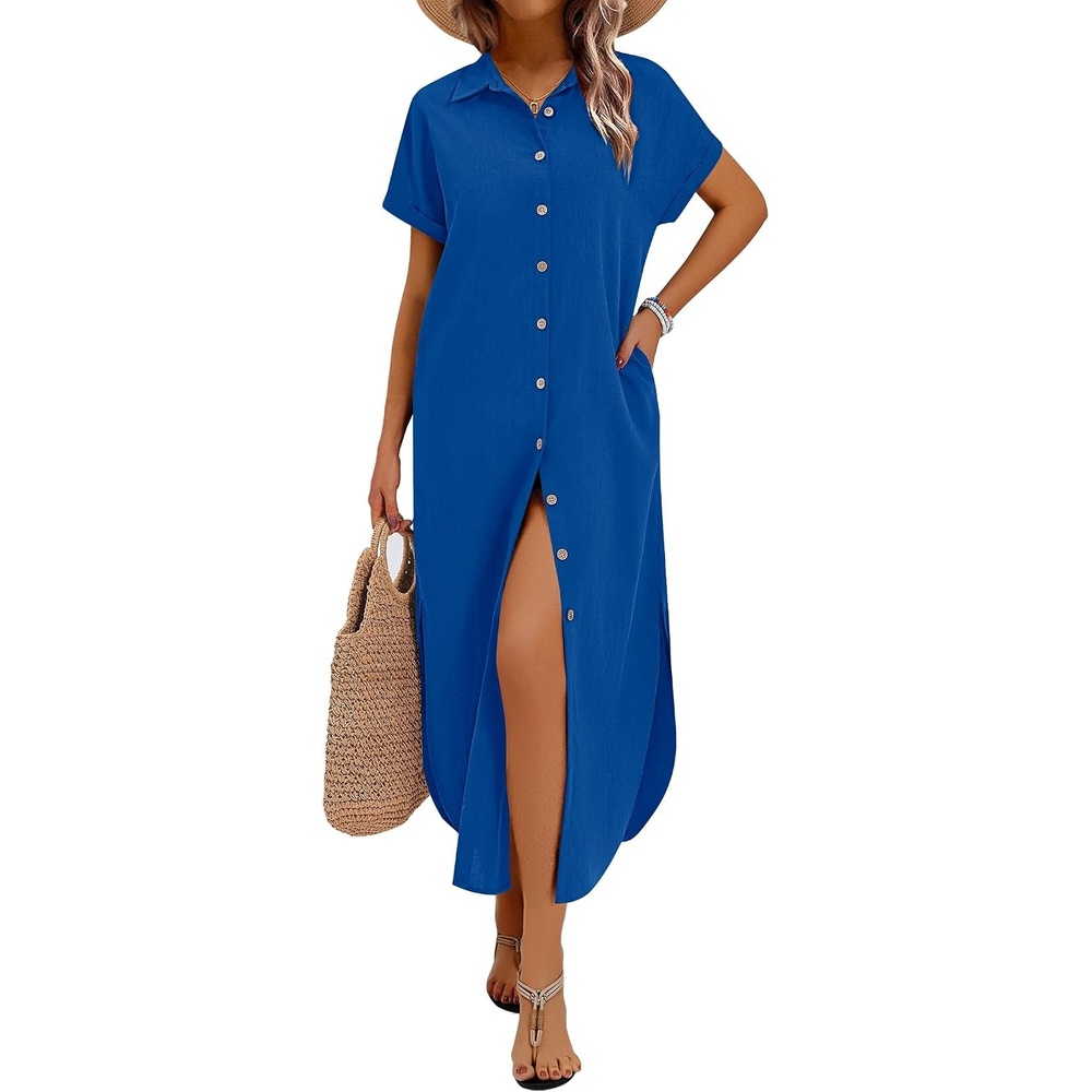 image:imageZeagoo Womens Dresses Casual Summer Short Sleeve Button Down Long Shirt Dresses Swimsuit Beach Cover Ups with PocketsRoyal Blue