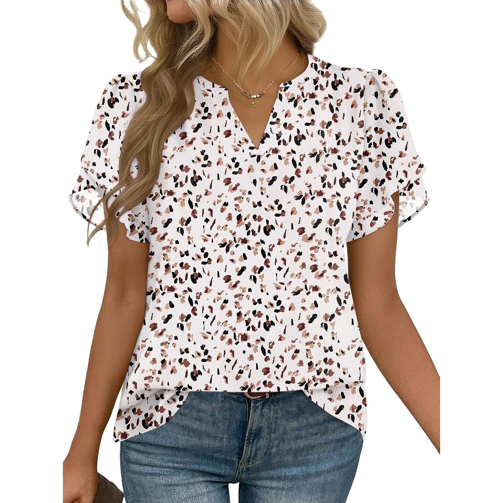 image:imageZeagoo Womens Dressy Casual Chffon Shirts Short Sleeve V Neck Work BlouseBeige Print