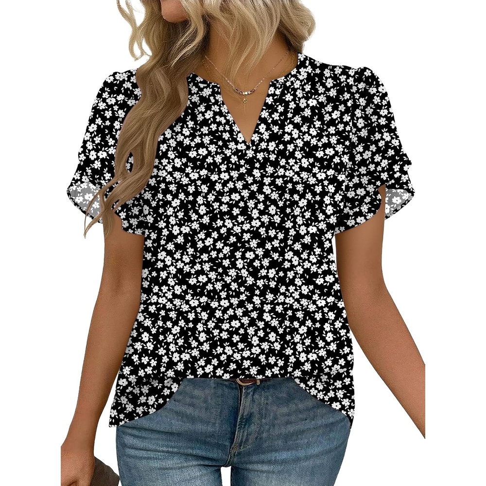 image:imageZeagoo Womens Dressy Casual Chffon Shirts Short Sleeve V Neck Work BlouseBlack Floral