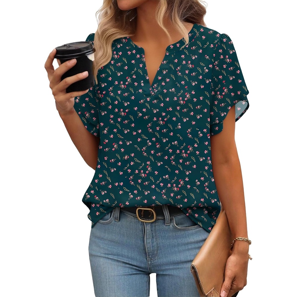image:imageZeagoo Womens Dressy Casual Chffon Shirts Short Sleeve V Neck Work BlouseDark Green Floral