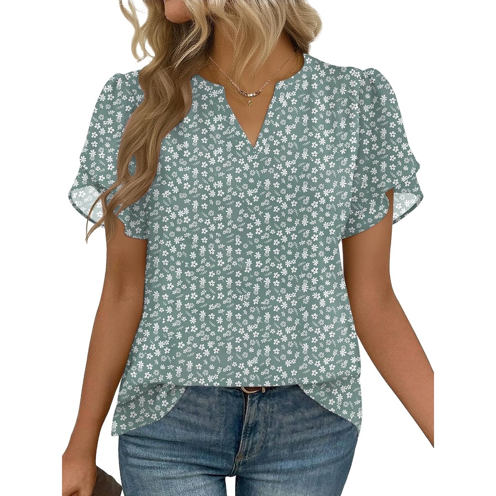 image:imageZeagoo Womens Dressy Casual Chffon Shirts Short Sleeve V Neck Work BlouseGreen Floral