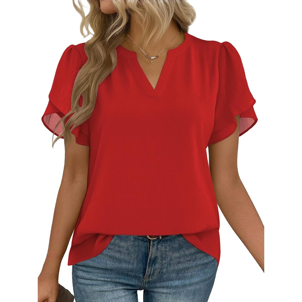 image:imageZeagoo Womens Dressy Casual Chffon Shirts Short Sleeve V Neck Work BlouseRed