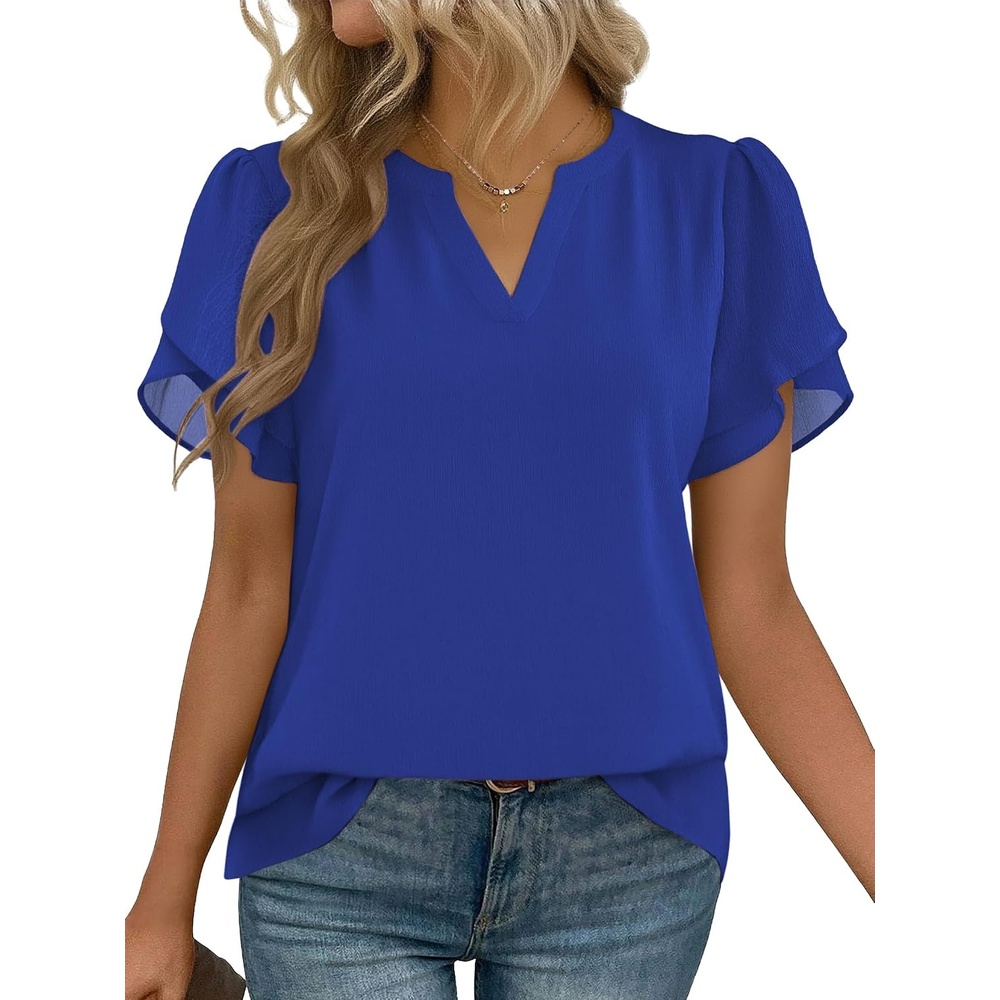 image:imageZeagoo Womens Dressy Casual Chffon Shirts Short Sleeve V Neck Work BlouseRoyal Blue